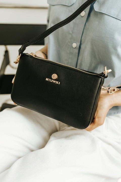 BETLEWSKI Mała torebka wizytowa kopertówka dwa paski wygodna sztywna