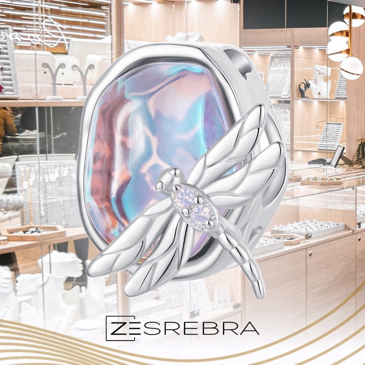 CHARMS WAŻKA NA KAMIENIU OPAL srebro pr 925 koralik ZAWIESZKA SREBRNA BEADS