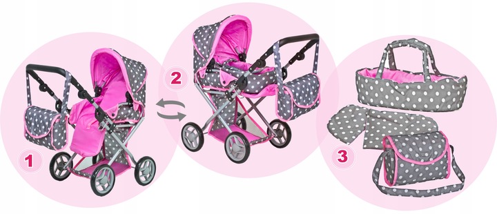 Wózek dla lalek 3w1 SPACEROWY GŁEBOKI + INTERAKTYWNA LALKA BOBAS zestaw XXL