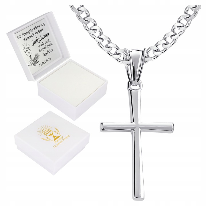 Krzyżyk srebrny łańcuszek zestaw komunijny dla chłopca na prezent chrzest