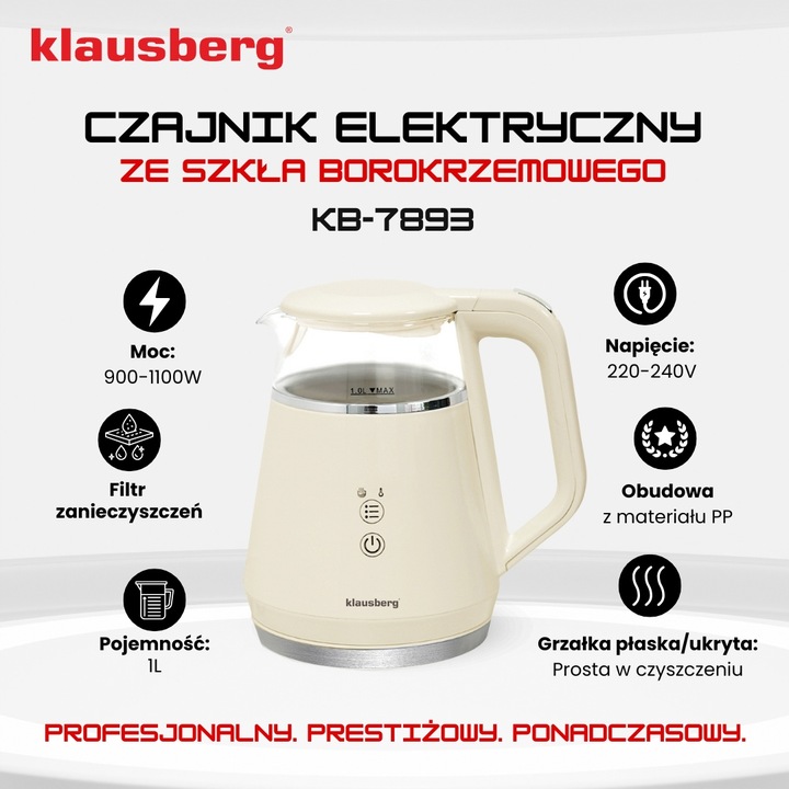 Czajnik elektryczny Klausberg KB-7893 szklany LED 1L Programy temperatury