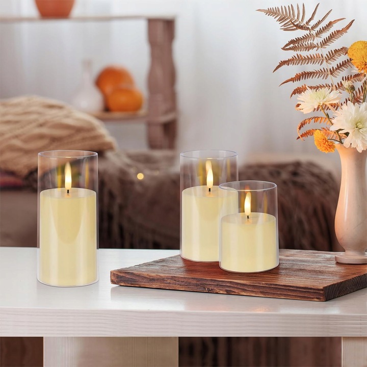 3 ŚWIECE ŚWIECZKI OZDOBNE LED SZKŁO DEKORACYJNE ŚWIĄTECZNE + PILOT