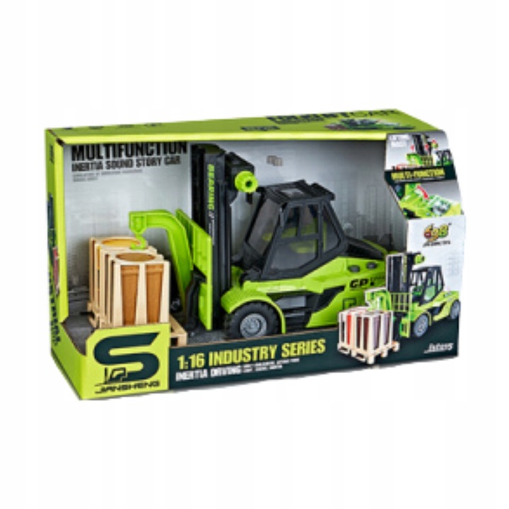 Auto Wózek Widłowy Zielony 1:16 Ruchome Elementy Paleta Światła I Dźwięki