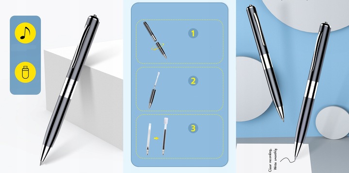 DŁUGOPIS MINI DYKTAFON SZPIEGOWSKI PENDRIVE 15H HQ Do Podsłuchu Detekcja