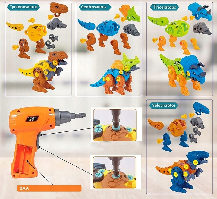 Klocki konstrukcyjne DINOZAURY do skręcania ZESTAW z wkrętarką śrubokrętem