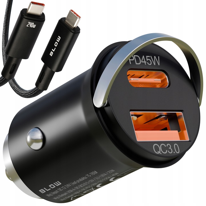 MOCNA ŁADOWARKA SAMOCHODOWA SZYBKIE ŁADOWANIE PD QC 45W USB-C 3,1A KABEL 1M