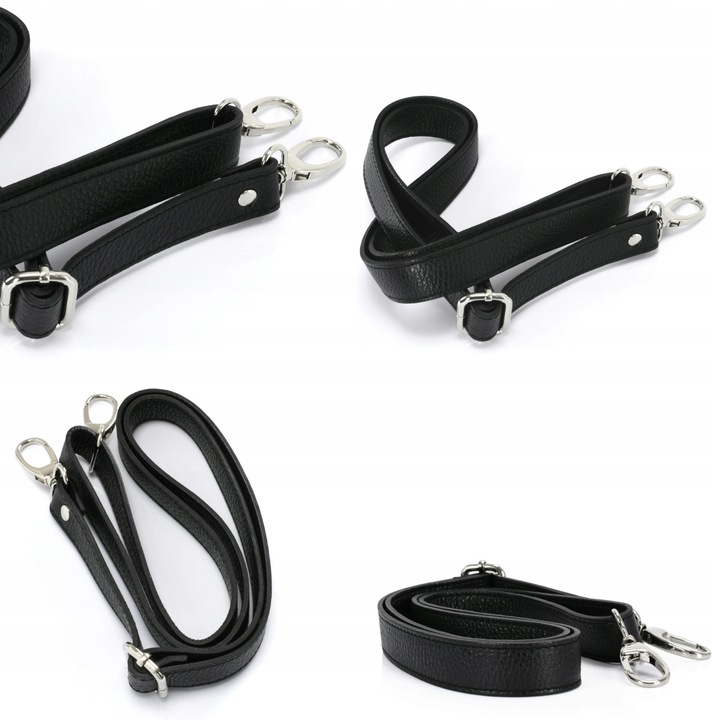 Czarny pasek do torebki skórzany srebrne okucia