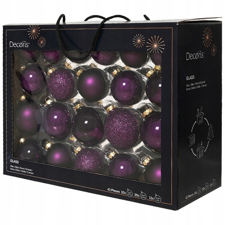 Zestaw Szklanych Bombek Choinkowych Fioletowych 42szt 5/6/7cm