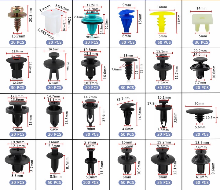 SPINKI KLIPSY KOŁKI DO AUTA TAPICERKI SAMOCHODOWE 900 SZTUK 5x NARZĘDZIA