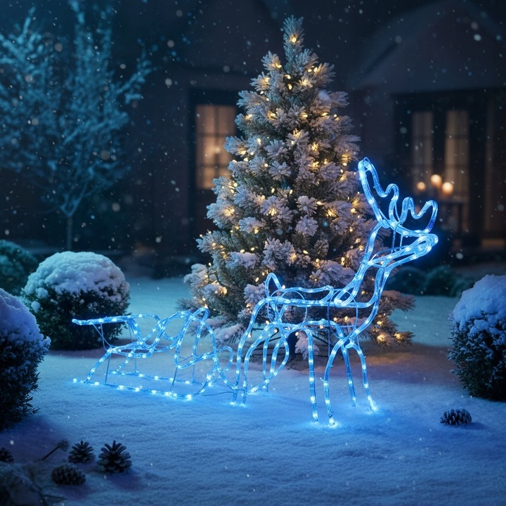 Renifer z Saniami LED Świecący Świąteczny Na Zewnątrz Do Ogrodu Niebieski