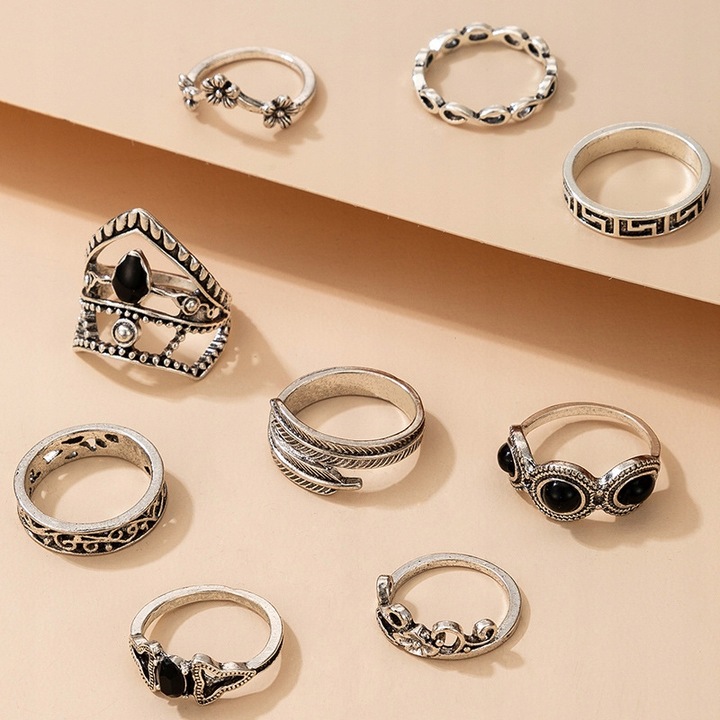 Srebrny ZESTAW PIERŚCIONKÓW RETRO PUNK BOHO 74
