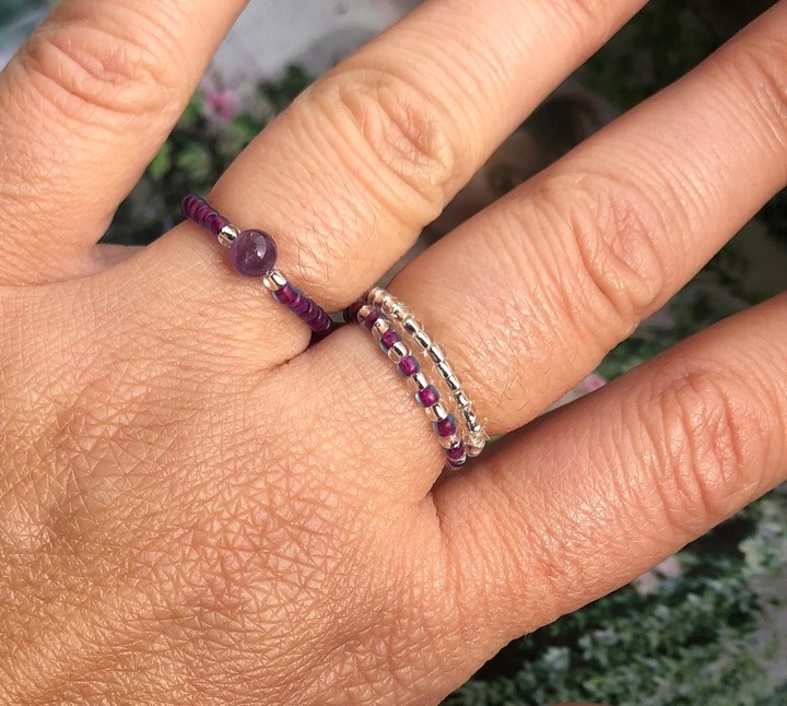 AMETYST PIERŚCIONKI Z KORALIKÓW ZESTAW 3 SZTUKI KORALIKI SREBRNE