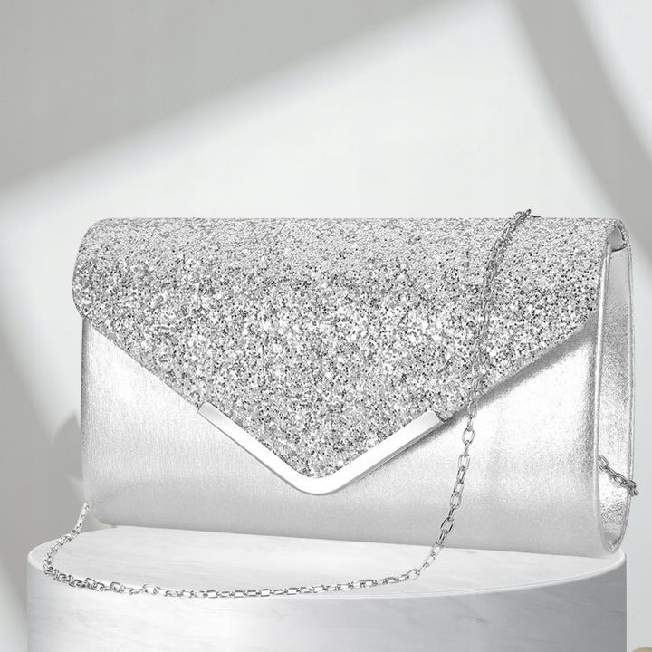 Srebrna Torebka Kopertówka Błyszcząca Wizytowa Damska portfel łańcuszek