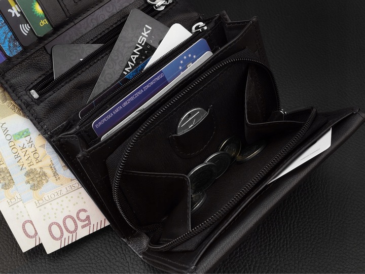 KOCHMANSKI portfel damski skórzany mały czarny na karty dokumenty pojemny