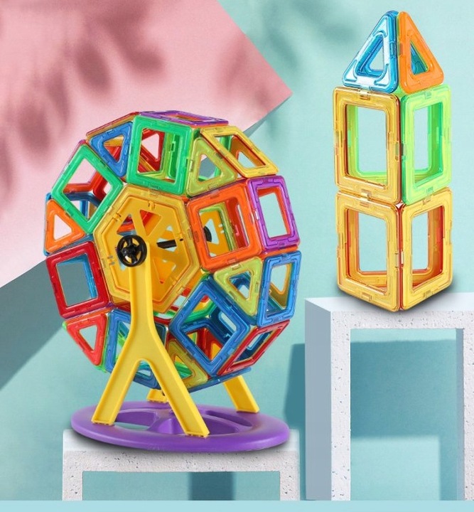 KLOCKI MAGNETYCZNE 3D koło młyńskie pojazdy ZESTAW Magnetic Tiles 72 el.