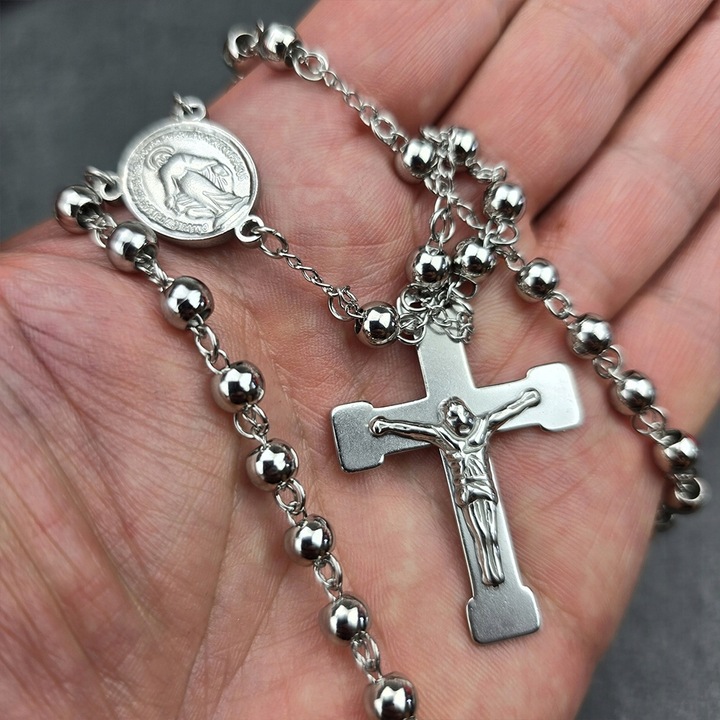 Srebrny Naszyjnik Różaniec z Krzyżem Stal Męski Łańcuszek