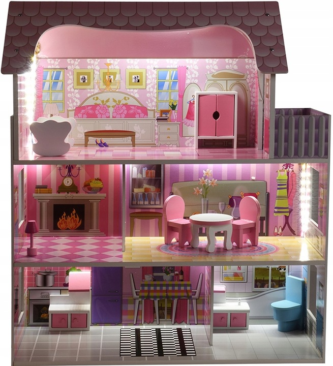 DUŻY DOMEK DLA LALEK DREWNIANY WILLA TARAS + MEBELKI + OŚWIETLENIE LED