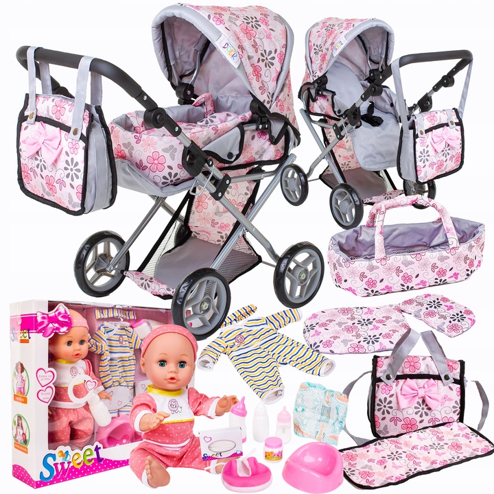 Wózek dla lalek 3w1 SPACEROWY GŁEBOKI + INTERAKTYWNA LALKA BOBAS zestaw XXL