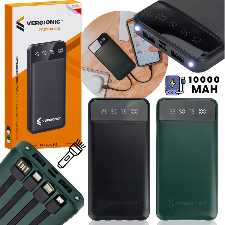 Powerbank 10000 mAh POWER BANK z latarką lightning, microUSB, USB-C, USB