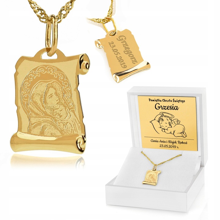 Złoty Medalik 585 z Łańcuszkiem na Chrzest Pamiątka Chrztu Grawer Gratis
