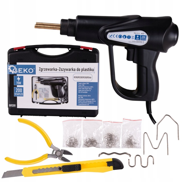 GEKO ZGRZEWARKA-ZSZYWARKA DO PLASTIKU 70W 200 ZSZYWEK WALIZKA +OSP G81281