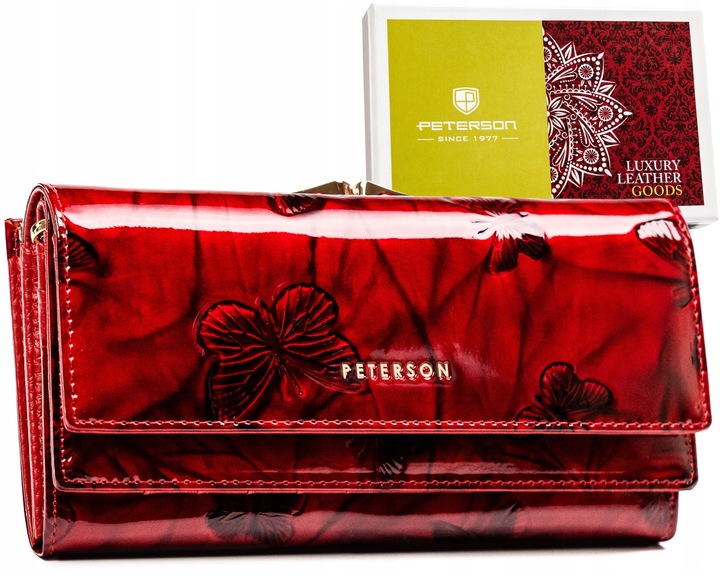 Portfel damski skórzany PETERSON duży czerwony super pojemny RFID STOP kart