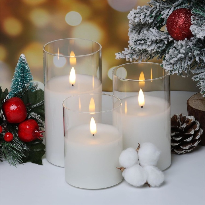 3 ŚWIECE ŚWIECZKI OZDOBNE LED SZKŁO DEKORACYJNE ŚWIĄTECZNE + PILOT