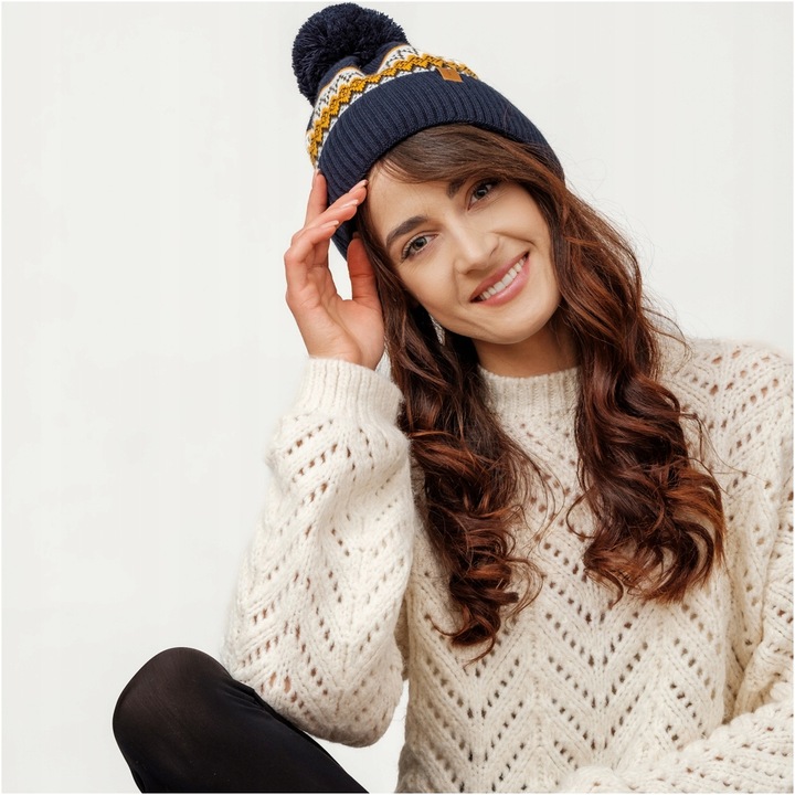 NANDY Czapka Męska z Pomponem Ocieplana Polarem Ciepła Wzór Zimowa Norweska