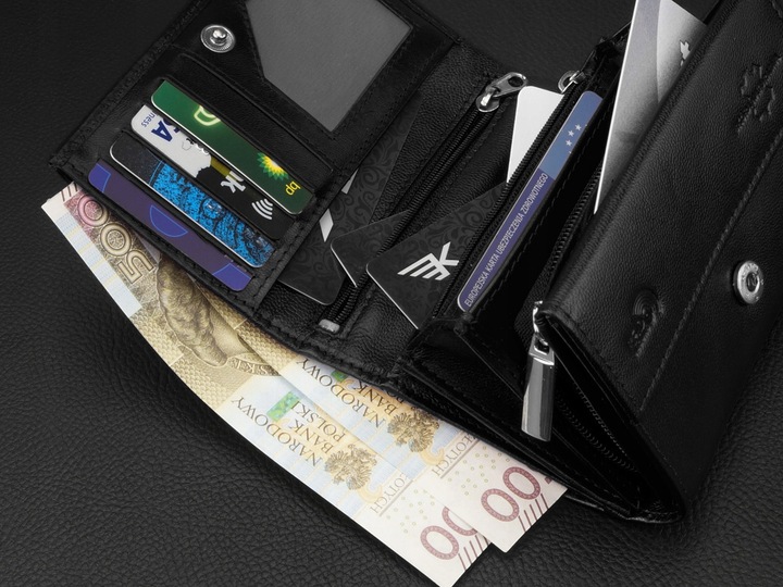 KOCHMANSKI portfel damski skórzany mały czarny na karty dokumenty pojemny