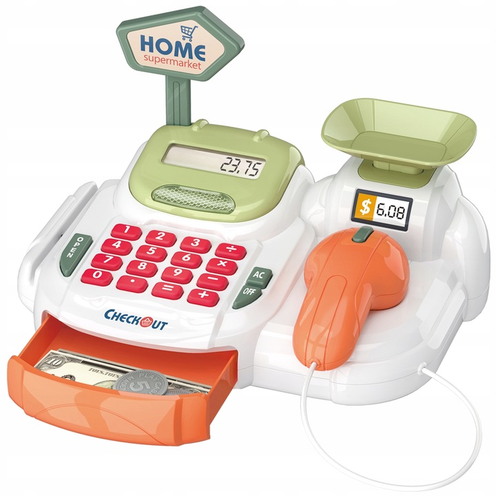 DUŻA KASA FISKALNA Sklepowa DLA DZIECI KALKULATOR Skaner KOSZYK MATADI AKC