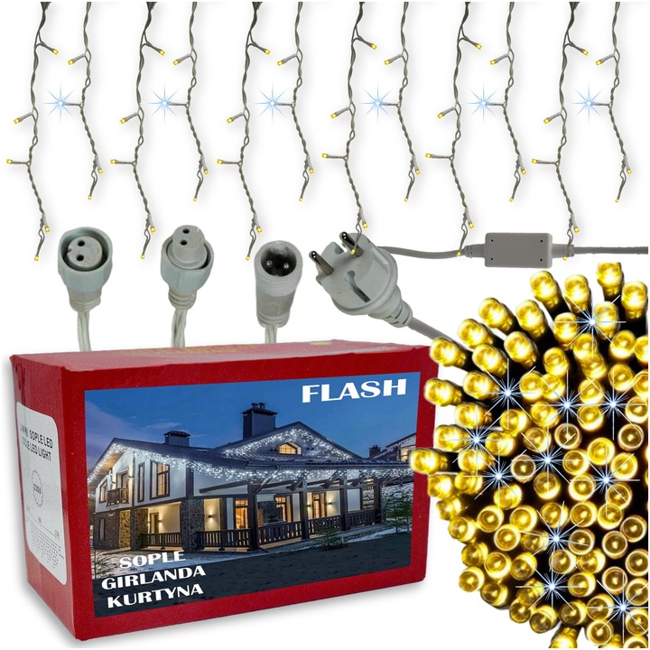 LAMPKI ZEWNĘTRZNE ŚWIĄTECZNE SOPLE 100 LED Z EFEKTEM FLASH FLESZ ŚWIATEŁKA