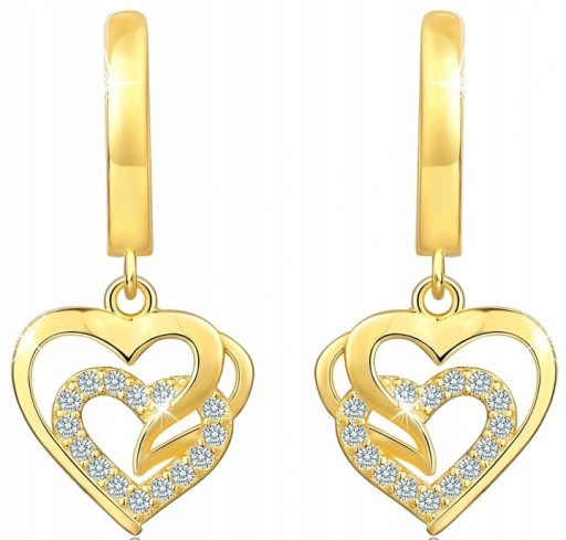 ZLOTE KOLCZYKI WISZĄCE SERCA, KOLCZYKI ANGIELSKIE SREBRO POZŁCANE