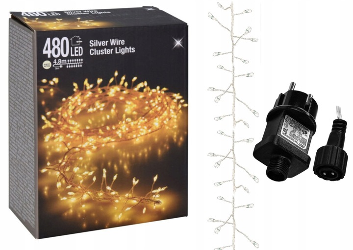 Lampki choinkowe 480 LED biały ciepły 4,8 metra CLUSTER RYŻ SREBRNY DRUCIK