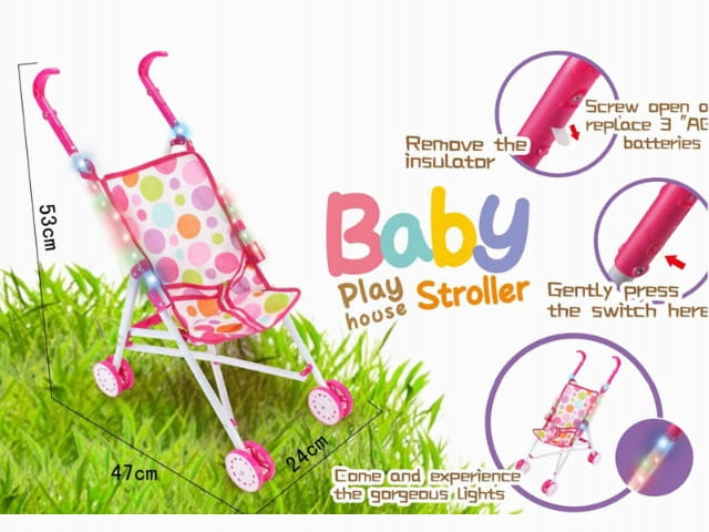 WÓZEK ZE ŚWIATŁEM DLA LALEK SPACERÓWKA PARASOLKA