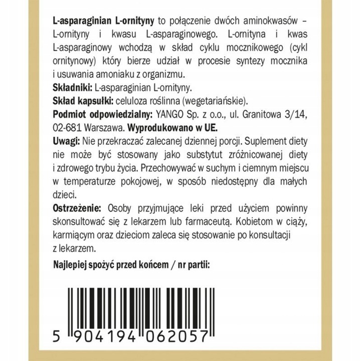 L-asparaginian L-ornityny 90 kapsułek Yango