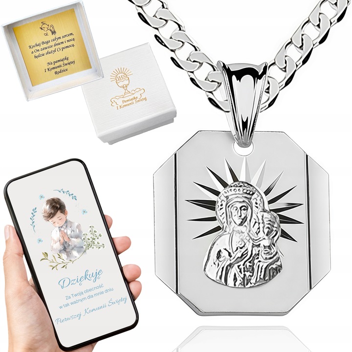 Srebrny łańcuszek 50 cm z medalikiem Matki Boskiej komunijny czy na chrzest
