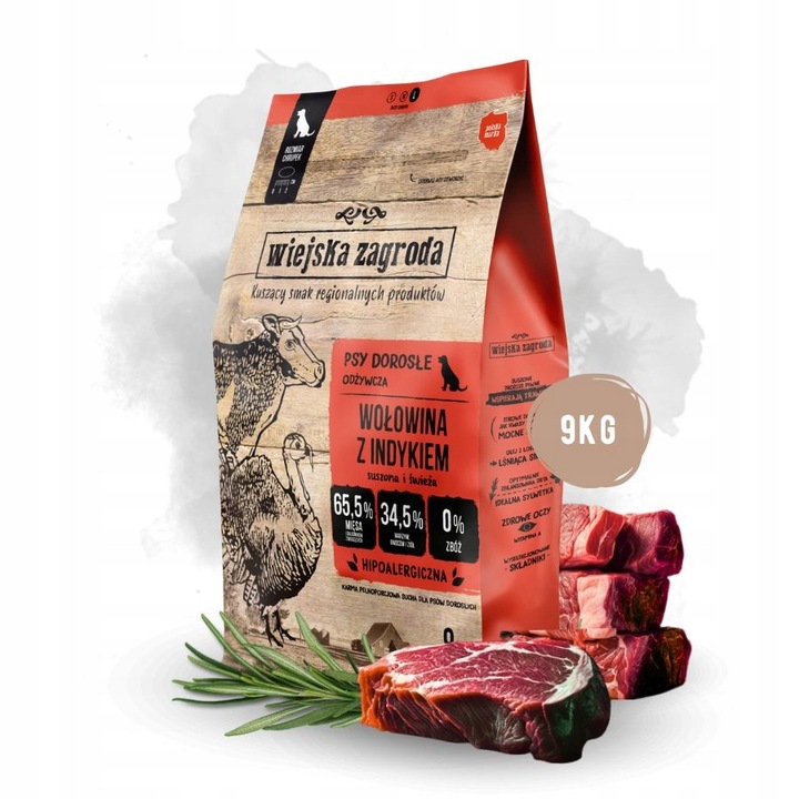 Wiejska Zagroda Karma sucha dla psa WOŁOWINA INDYK WARZYWA Duże rasy L 9kg