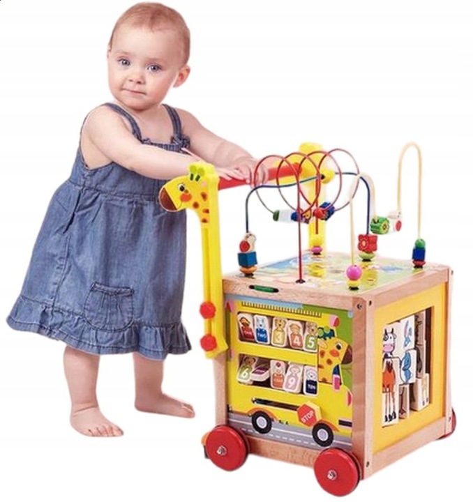 DUŻY DREWNIANY CHODZIK PCHACZ KOSTKA EDUKACYJNA 7w1 MONTESSORI + MULA