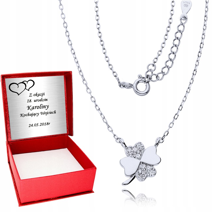 Srebrny łańcuszek 925 koniczynka celebrytka Grawer na Szczęście Urodziny