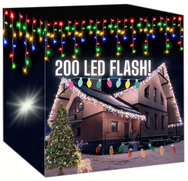 KURTYNA ŚWIETLNA SOPLE ZEWNĘTRZNE 200 LED LAMPKI FLASH MULTIKOLOR