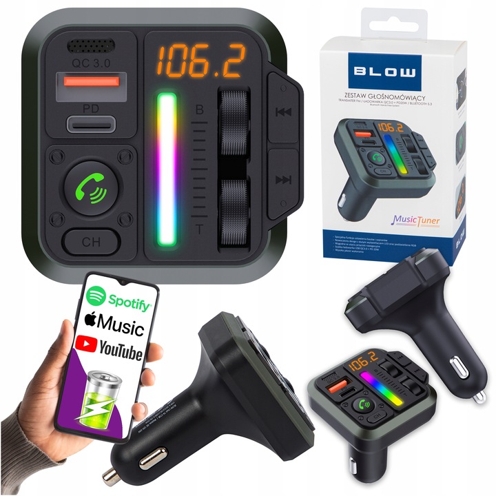 TRANSMITER SAMOCHODOWY BLUETOOTH 5.3 FM RGB ŁADOWARKA PD 20W QC 3.0 USB-C