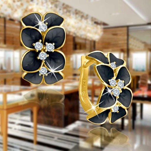 ZLOTE KOLCZYKI DLA KOBIETY KWIATY CZARNE, KOLCZYKI SREBRO PRÓBA 925