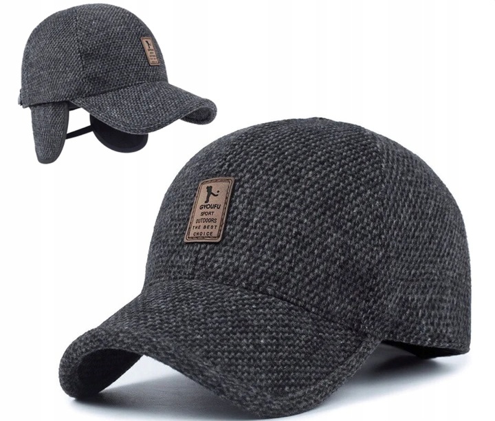 CZAPKA Z DASZKIEM MĘSKA CIEPŁA ZIMOWA NA ZIMĘ CHOWANE NAUSZNIKI CZARNA