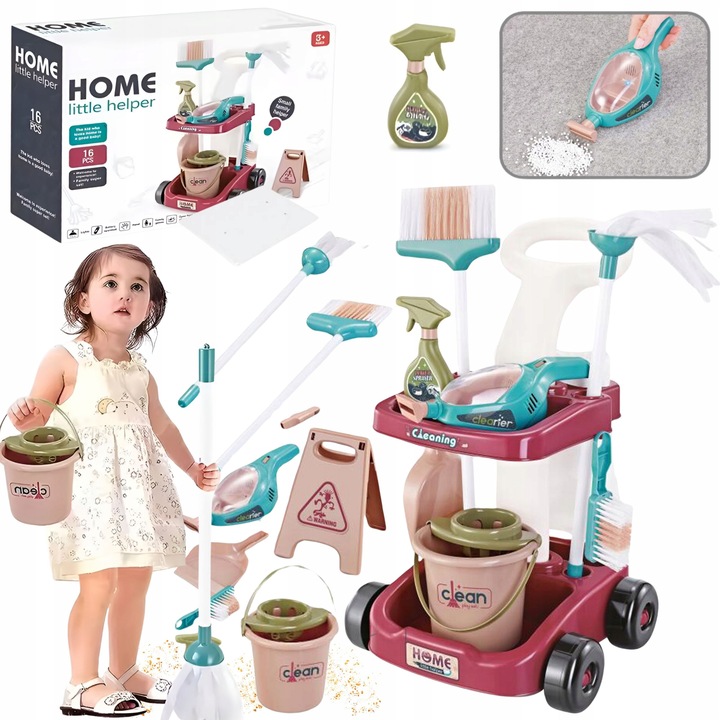 Zestaw do Sprzątania Czyszczenia dla Dzieci Wózek Mop Odkurzacz Miotła 16el