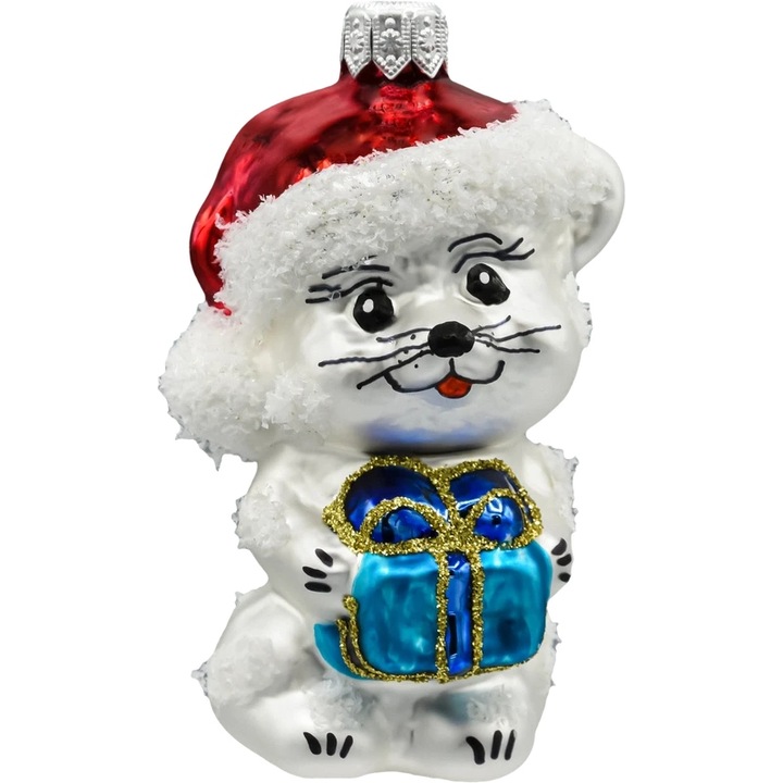 Bombka choinkowa ręcznie malowana - Kotek w czerwonej czapce z prezentem