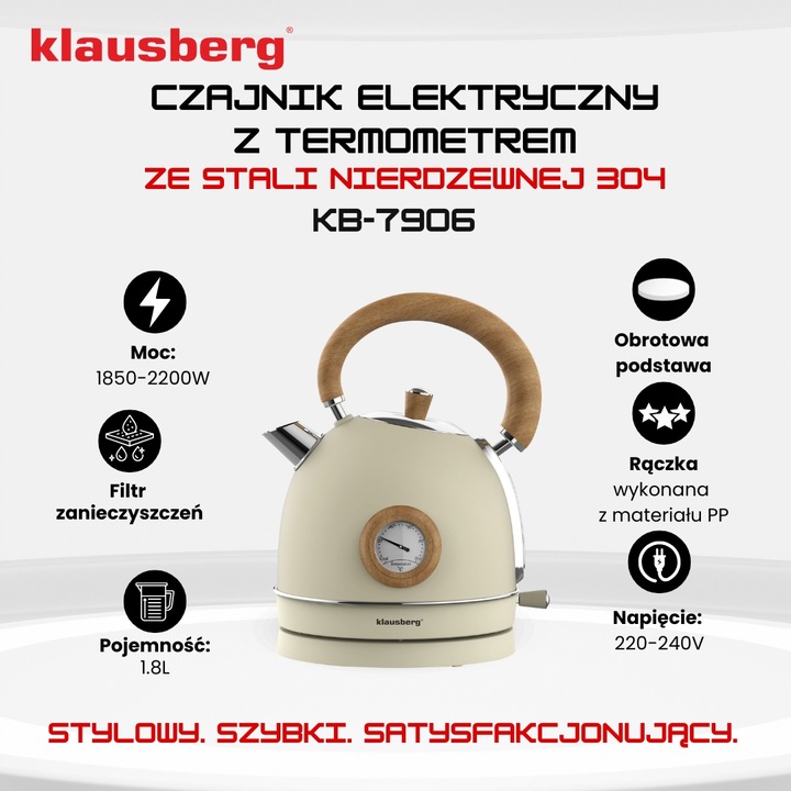 Czajnik elektryczny 1,8L Klausberg KB-7906 RETRO z Termometrem Beżowy 2200W