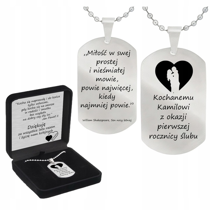Grawerowany nieśmiertelnik stal 316L prezent + pudełko z dedykacją