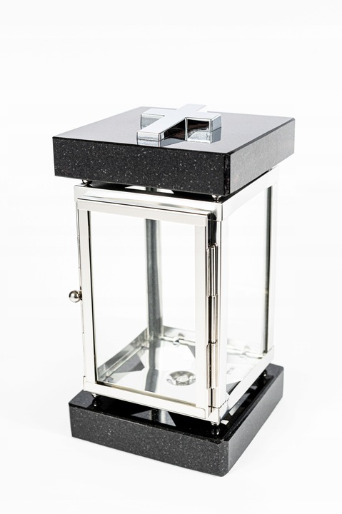 Lampion znicz nagrobny na pomnik srebrny stal nierdzewna + czarny granit