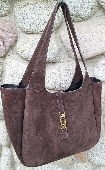 Torebka WłoskaZAMSZOAWA worek SKÓRA NATURALNA Vera Pelle CZEKOLADOWA