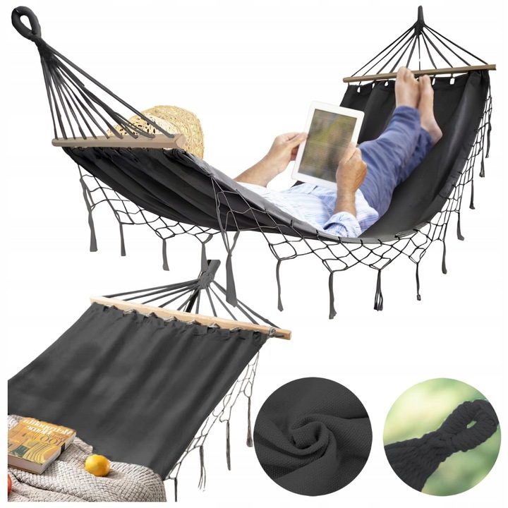 HAMAK OGRODOWY BOHO MAKRAMOWY DRĄŻEK PAŁĄK JEDNOOSOBOWY POKROWIEC GRAFIT